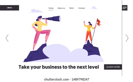 Business Character Visionary Forecast Website Landing Page. Businesswoman Stand on Top of Mountain with Red Flag Watching to Spyglass. Business Vision Web Page Banner. Cartoon Flat Vector Illustration