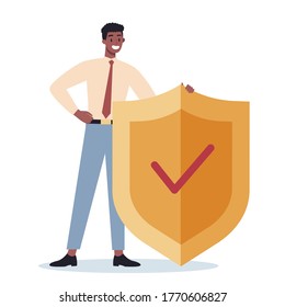 Business character wearing formal suit holding a shield. Business secure and protection concept. Isolated flat illustration