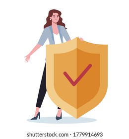 Business character wearing formal suit holding a shield. Business secure and protection concept. Isolated flat illustration