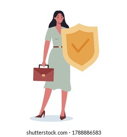 Business character wearing formal suit holding a shield. Business secure and protection concept. Isolated flat illustration