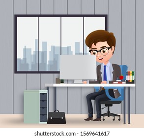 Business character working computer job vector concept. Business male character office employee busy sitting, typing and searching in computer with gray room background. Vector illustration.   