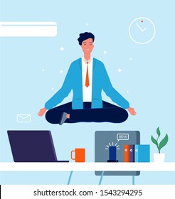 Yoga de carácter empresarial. El gerente sentado en una mesa de oficina en loto supone estrés en el trabajo concepto de negocio imágenes vectoriales