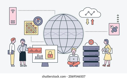 Business Characters Are Analyzing Digital Information Around A Huge Globe. Flat Design Style Vector Illustration.