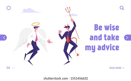 Business Characters Angel and Demon Arguing in Heaven Website Landing Page. Satan Holding Pitchfork and Holy Spirit with White Wings Confrontation Web Page Banner. Cartoon Flat Vector Illustration