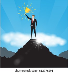 Business characters. Businessman holding trophy on top of the mountain. Successful businessman 