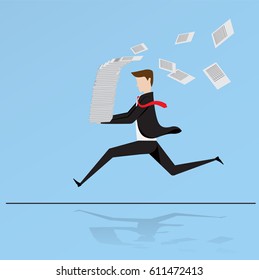 Business characters. Businessman run holding a lot pile of paper, very busy business concept.