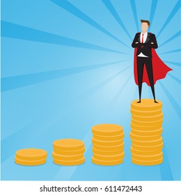 Business characters. Businessman standing on top of gold coins with blue background, Successful businessman concept.