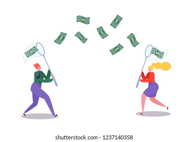 Business Characters Catching Flying Money with a Butterfly Net. Financial Success, Business Opportunity, Wealth Concept. Vector illustration