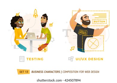 Business characters in circle. Elements for web design. Man working with frame. Two coworkers in cafe