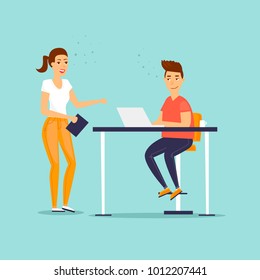 Business characters. Co working people, meeting, teamwork, collaboration and discussion, conference table, brainstorm. Workplace. Office life. Flat design vector illustration.