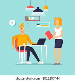 Business characters. Co working people, meeting, teamwork, collaboration and discussion, conference table, brainstorm. Workplace. Office life. Flat design vector illustration.