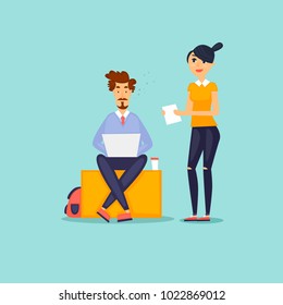 Business characters. Co working people, meeting, teamwork, collaboration and discussion, conference table, brainstorm. Workplace. Office life. Flat design vector illustration.