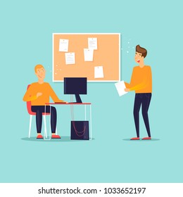 Business characters. Co working people, meeting, teamwork, collaboration and discussion, conference table, brainstorm. Workplace. Office life. Flat design vector illustration.