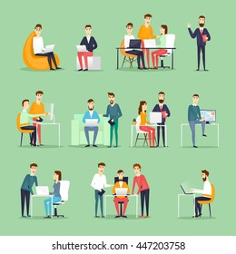 Business characters. Co working people, meeting, teamwork, collaboration and discussion, conference table, brainstorm. Workplace. Office life. Flat design vector illustration.