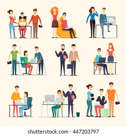 Business characters. Co working people, meeting, teamwork, collaboration and discussion, conference table, brainstorm. Workplace. Office life. Flat design vector illustration.