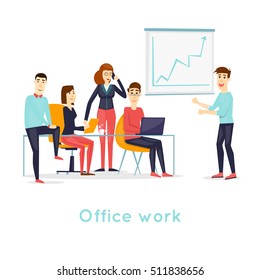 Business characters. Co working people, meeting, teamwork, collaboration and discussion, conference table, brainstorm. Workplace. Office life. Isolated background. Flat design vector illustration.