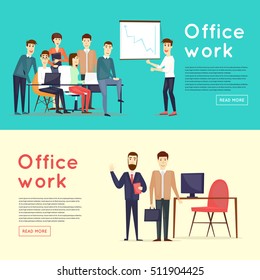 Business characters. Co working people, meeting, teamwork, collaboration and discussion, conference table, brainstorm. Workplace. Office life. Banners. Flat design vector illustration.