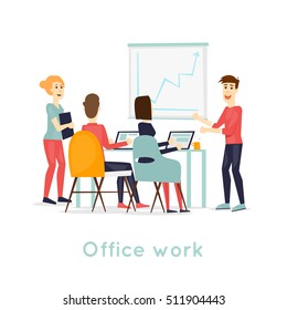 Business characters. Co working people, meeting, teamwork, collaboration and discussion, conference table, brainstorm. Workplace. Office life. Isolated background. Flat design vector illustration.