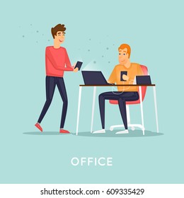 Business characters. Co working people, meeting, teamwork, collaboration and discussion, conference table, brainstorm. Workplace. Office life. Flat design vector illustration.