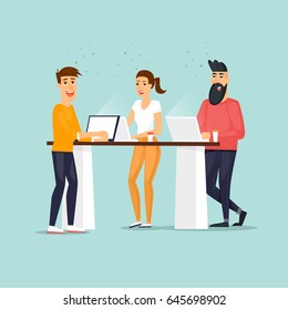 Business characters. Co working people, meeting, teamwork, collaboration and discussion, conference table, brainstorm. Workplace. Office life. Flat design vector illustration.