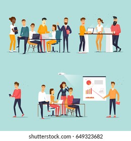 Business characters. Co working people, meeting, teamwork, collaboration and discussion, conference table, brainstorm. Workplace. Office life. Flat design vector illustration.