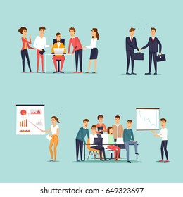 Business characters. Co working people, meeting, teamwork, collaboration and discussion, conference table, brainstorm. Workplace. Office life. Flat design vector illustration.