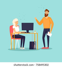 Business characters. Co working people, meeting, teamwork, collaboration and discussion, conference table, brainstorm. Workplace. Office life. Flat design vector illustration.