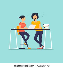 Business characters. Co working people, meeting, teamwork, collaboration and discussion, conference table, brainstorm. Workplace. Office life. Flat design vector illustration.