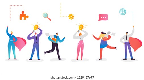 Business Characters Collection. Businesswoman with Light Bulb. Super Businessman with Red Cape. Creative Idea and Leadership Concept. Office Workers Set. Vector illustration