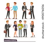 Business characters collection. Talking colleagues, business handshake, teamwork, business people with gadgets. Vector illustrations.
