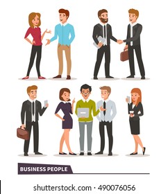 Business characters collection. Talking colleagues, business handshake, teamwork, business people with gadgets. Vector illustrations.
