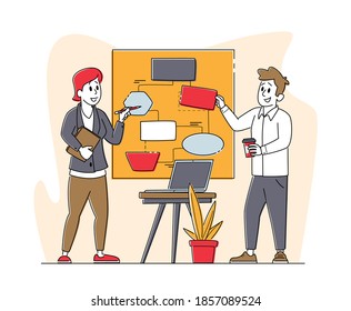 Business Characters Communicate at Board Meeting Discuss Idea in Office. Team Project Development Teamwork Process. Employee Brainstorm Work Together Search Solution. Linear People Vector Illustration