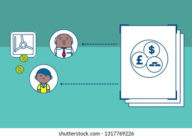 business characters, currency exchange, dollars, bitcoin, safe