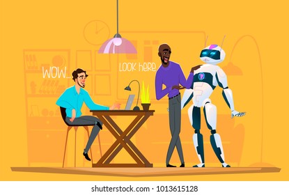 Business characters in different situation. Teamwork with robot. Men discuss business process with robot