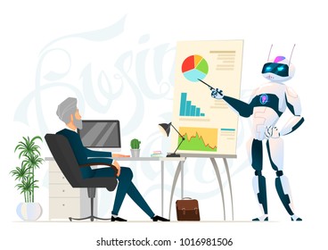 Business characters in different situation. Teamwork with robot. Cyber man in office life. Business process. Robot presenation in office