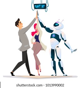 Business characters in different situations. Teamwork with robot. Cyber man in office life. Futuristic Artificial Intelligence Mechanism Technology Flat Vector Illustration