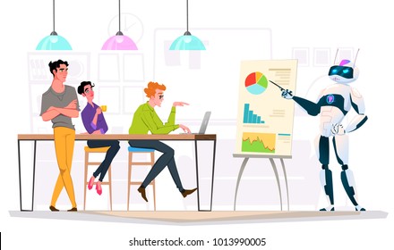 Business characters in different situations. Teamwork with robot. Cyber man in office life. Futuristic Artificial Intelligence Mechanism Technology Flat Vector Illustration