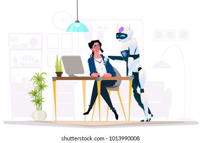 Business characters in different situations. Teamwork with robot. Cyber man in office life. Futuristic Artificial Intelligence Mechanism Technology Flat Vector Illustration