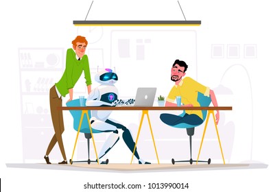 Business characters in different situations. Teamwork with robot. Cyber man in office life. Futuristic Artificial Intelligence Mechanism Technology Flat Vector Illustration