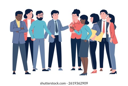 Personagens de negócios discutem ideias, problemas ou novo projeto. Diálogo ativo, debate ou prova. Debate em grupo de pessoas de escritório, conceito de vetor