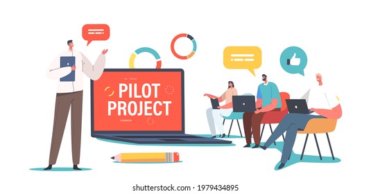 Business Characters Discussing Pilot Project at Focus Group Meeting in Conference Room. Employees at Negotiation Table Work Together at Corporate Office Briefing. Cartoon People Vector Illustration