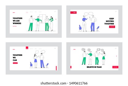 Business Characters Discussion Website Landing Page Set. Men and Women Chatting Talking Speaking to each other. Businesspeople Communicating Process Web Page Banner. Cartoon Flat Vector Illustration