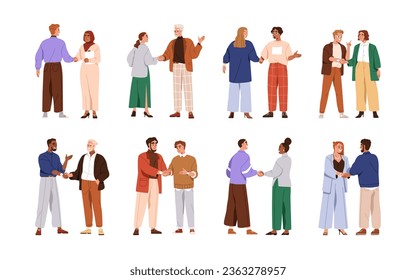 Business characters during handshakes set. Happy smiling people shaking hands with respect, greeting, agreement and congratulation. Flat graphic vector illustrations isolated on white background