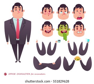 Business characters. Elements for web design.Emotion faces.Emoji face icons.Boy character for scenes.Parts of body template for animation.Funny office man cartoon.Vector illustration isolated on white