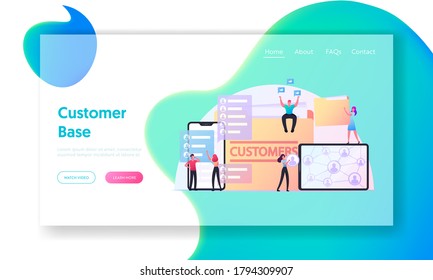 Business Characters Expand Customers Base Attracting New Clients Landing Page Template. Tiny Businesspeople at Huge Gadgets and Folders. Referral Program Management. Cartoon People Vector Illustration