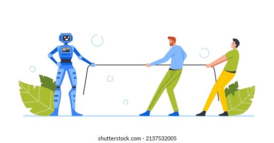 Business Characters Fight Against Artificial Intelligence. Human and Robot Tug of War. Competition of Modern Machine and People. Teamwork, Rope Game, Innovation. Cartoon People Vector Illustration