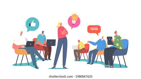 Business Characters Focus Group Work Together Developing Creative Ideas, Discuss Pilot Project. Businesspeople Teamwork, Cooperation, Partnership or Brainstorm. Cartoon People Vector Illustration