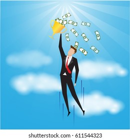 Business characters. Get trophy. Successful businessman 