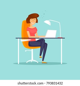 Business characters. Girl is working at the computer. Co working people, meeting. Workplace. Office life. Flat design vector illustration.