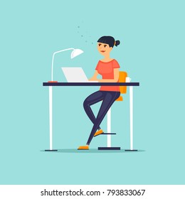 Business characters. Girl is working at the computer. Co working people, meeting. Workplace. Office life. Flat design vector illustration.